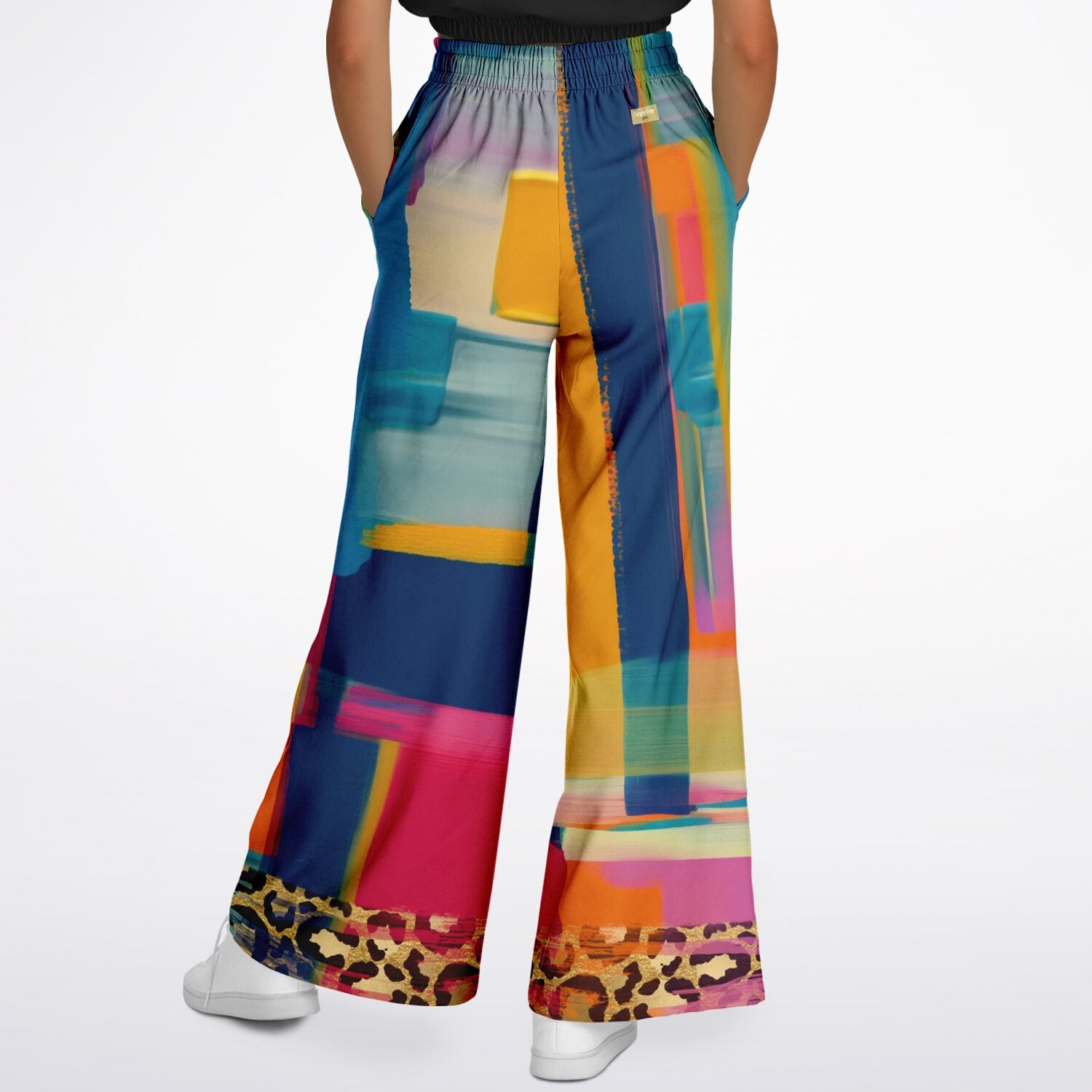 Blue Dragonfly Abstract Colorblock Leopard Patchwork Eco-Poly Wide Leg Pants