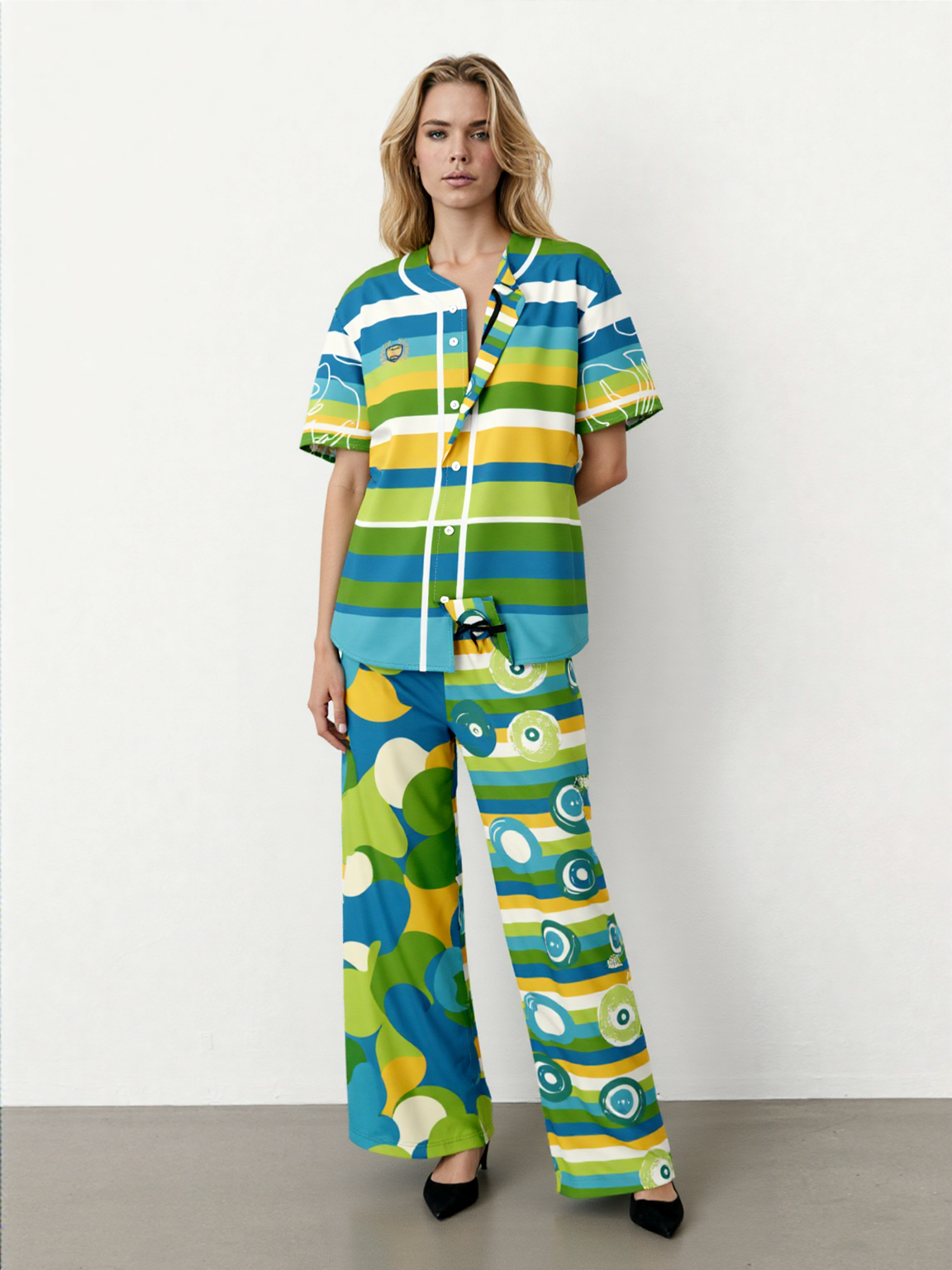 Blue Green Abstract 70s Blob Stripe Reversible Eco-Poly Short Sleeve Reversible Baseball Jersey