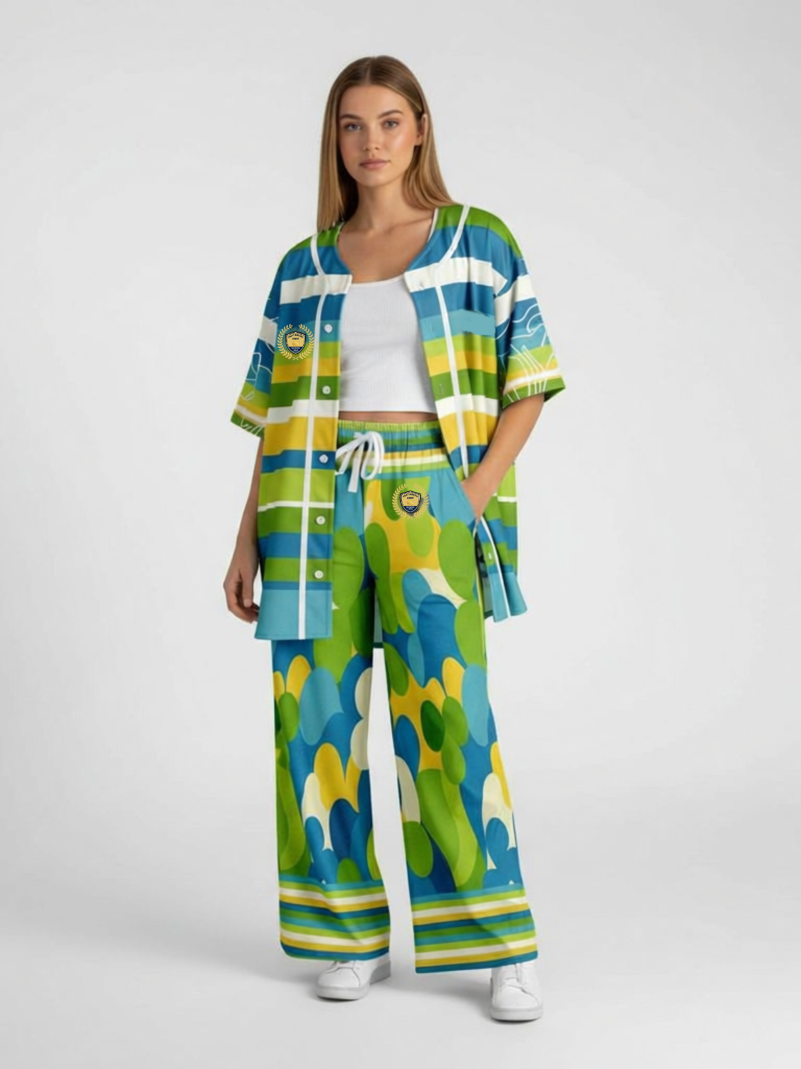 Green Earth 70s Abstract Floral Eco-Poly Wide Leg Pants