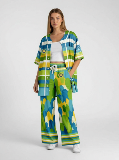 Green Earth 70s Abstract Floral Eco-Poly Wide Leg Pants