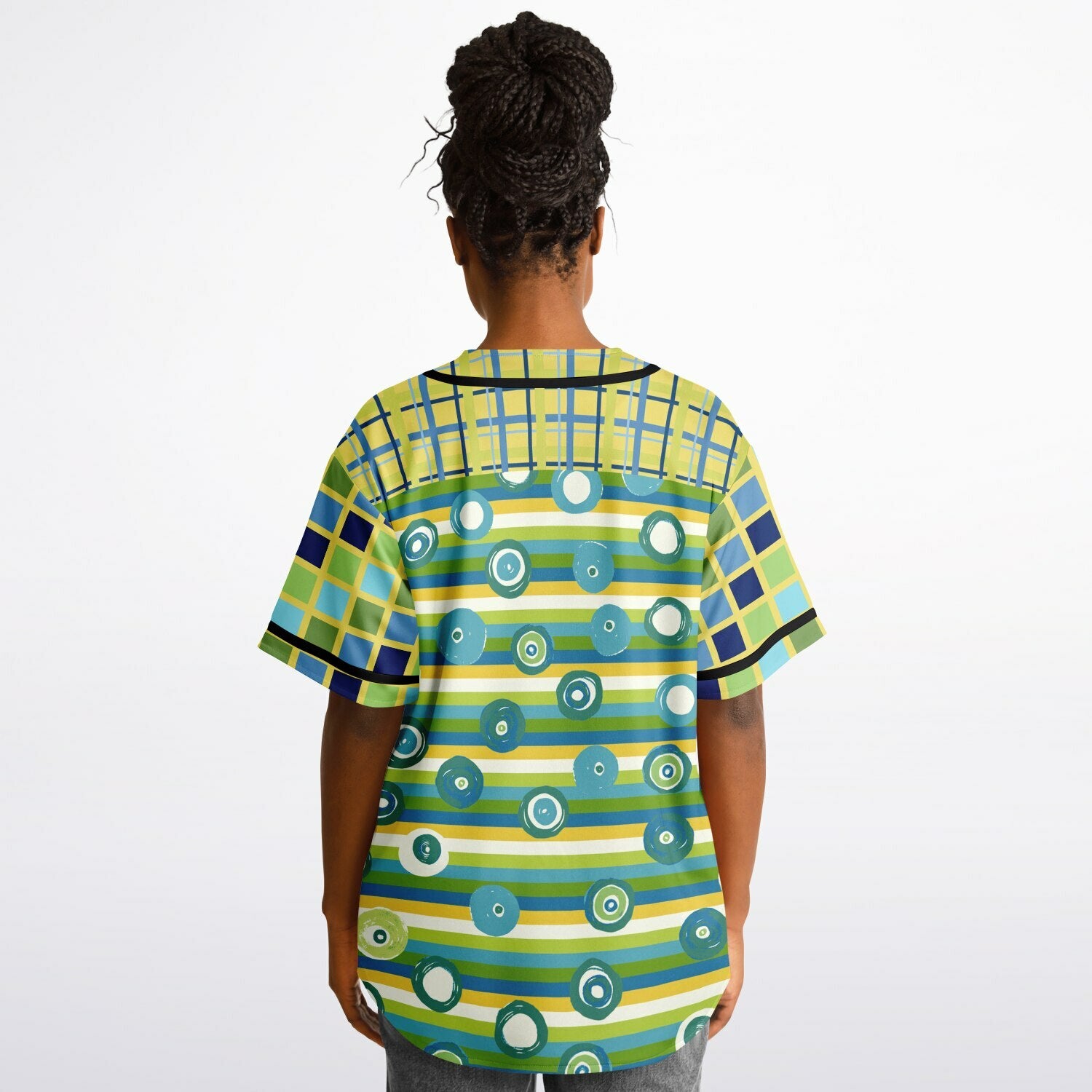 Blue Green Abstract 70s Blob Stripe Reversible Eco-Poly Short Sleeve Reversible Baseball Jersey