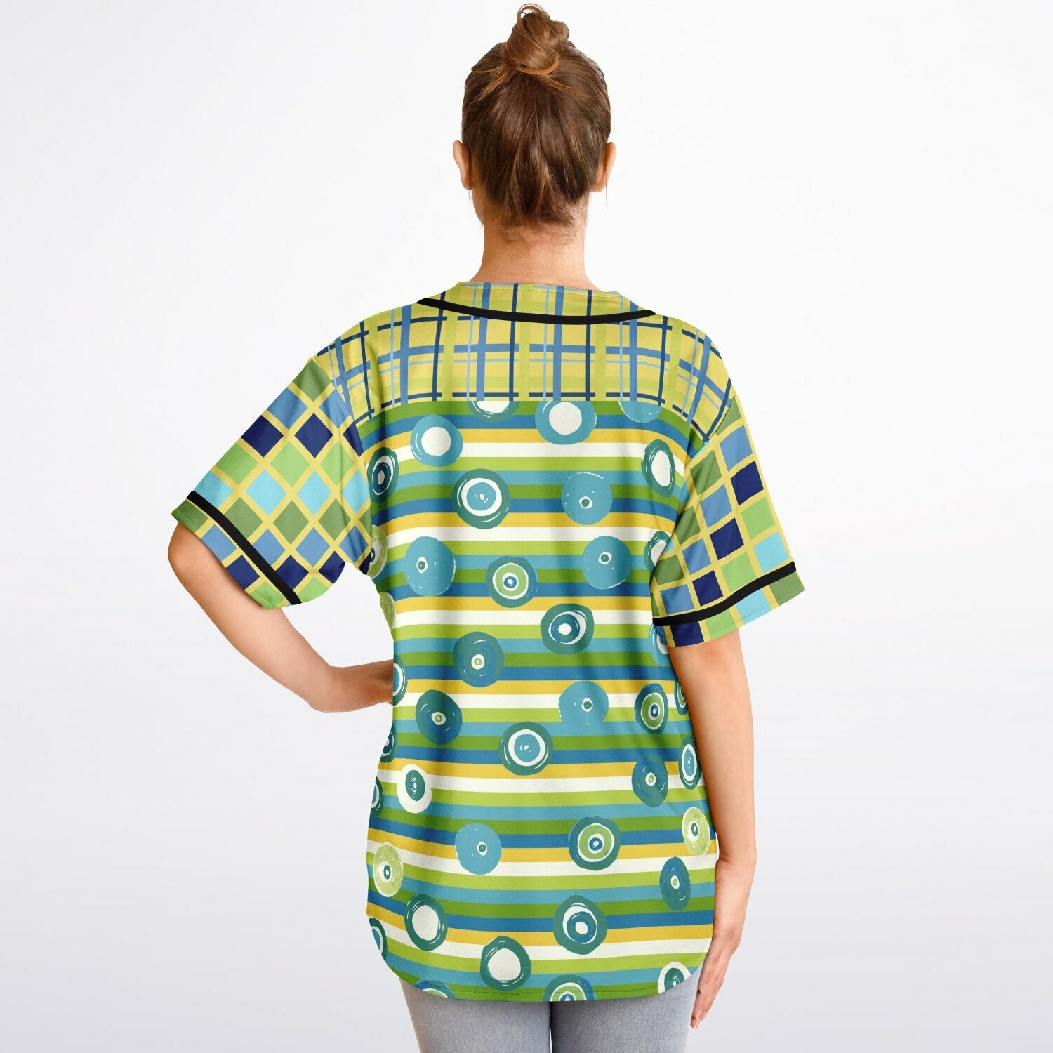 Blue Green Abstract 70s Blob Stripe Reversible Eco-Poly Short Sleeve Reversible Baseball Jersey