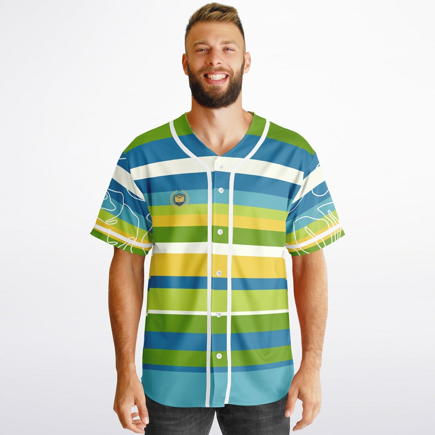 Blue Green Abstract 70s Blob Stripe Reversible Eco-Poly Short Sleeve Reversible Baseball Jersey