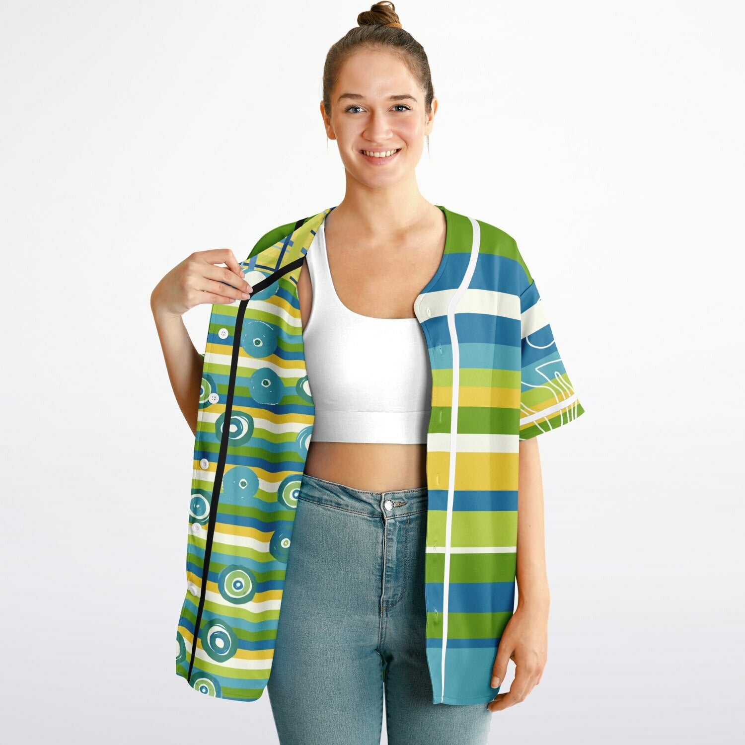 Blue Green Abstract 70s Blob Stripe Reversible Eco-Poly Short Sleeve Reversible Baseball Jersey