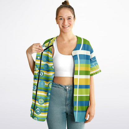 Blue Green Abstract 70s Blob Stripe Reversible Eco-Poly Short Sleeve Reversible Baseball Jersey