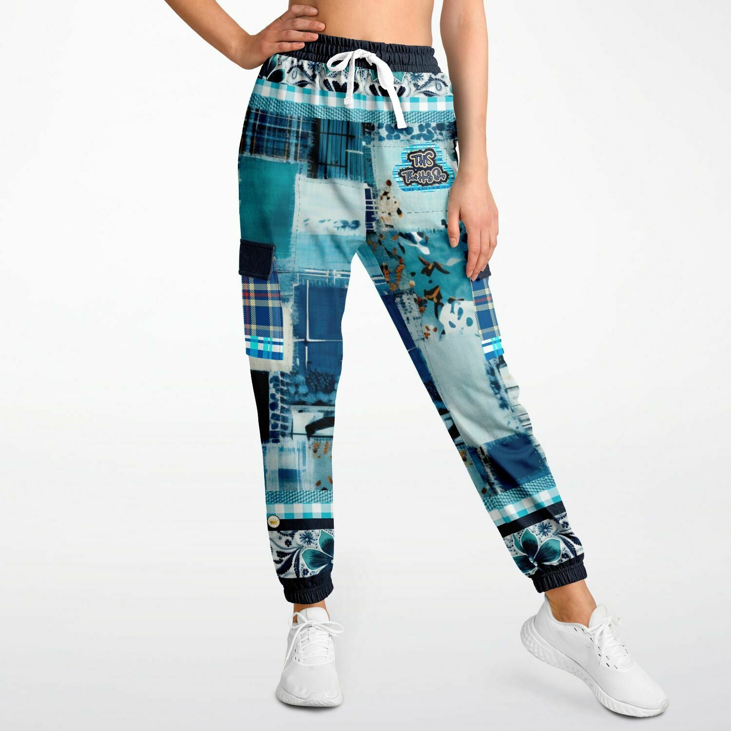 Blue Laxshmi Denim Plaid Patchwork Print Eco-Poly Unisex Cargo Joggers