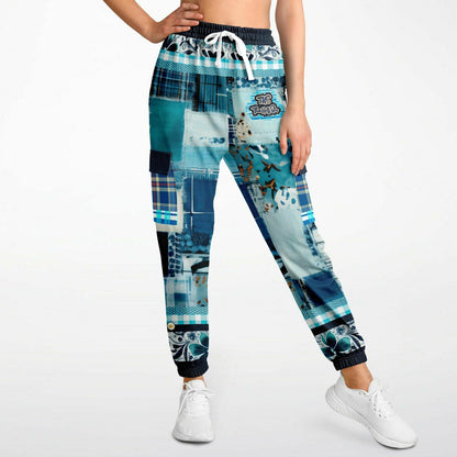 Blue Laxshmi Denim Plaid Patchwork Print Eco-Poly Unisex Cargo Joggers