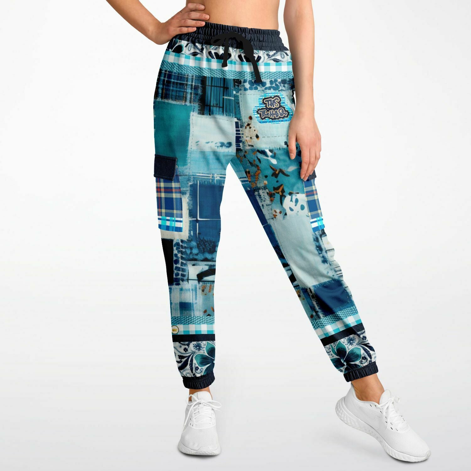 Blue Laxshmi Denim Plaid Patchwork Print Eco-Poly Unisex Cargo Joggers