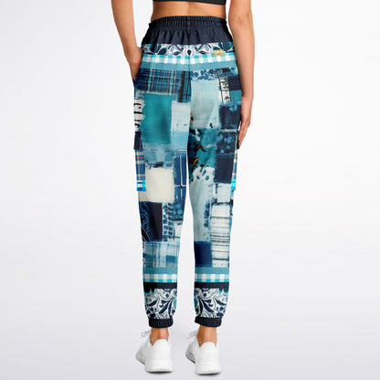 Blue Laxshmi Denim Plaid Patchwork Print Eco-Poly Unisex Cargo Joggers