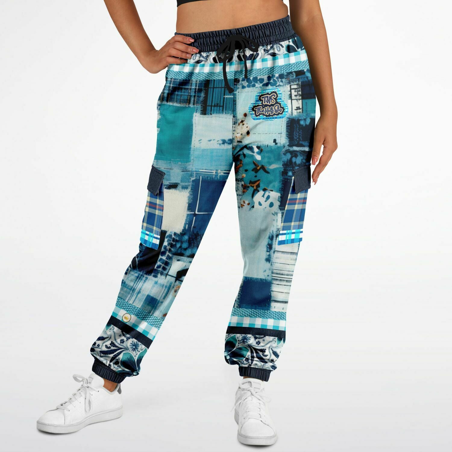 Blue Laxshmi Denim Plaid Patchwork Print Eco-Poly Unisex Cargo Joggers