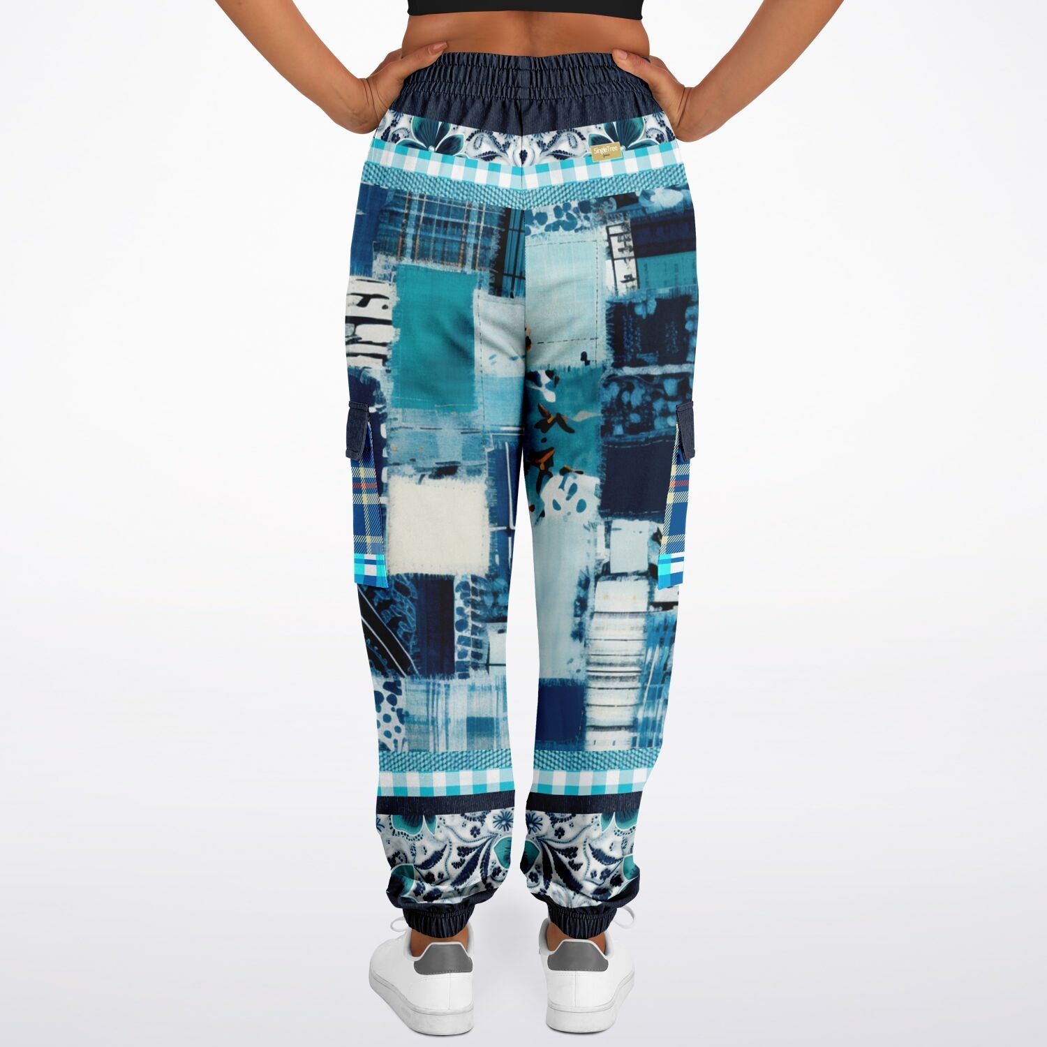Blue Laxshmi Denim Plaid Patchwork Print Eco-Poly Unisex Cargo Joggers