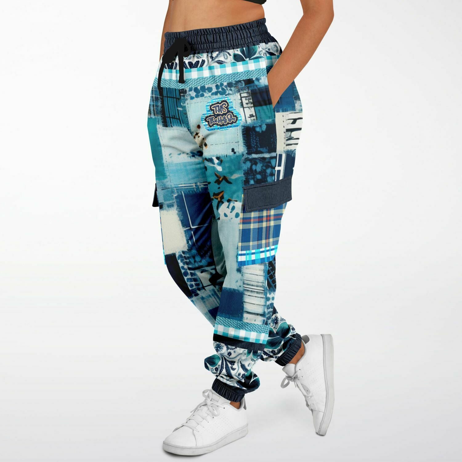 Blue Laxshmi Denim Plaid Patchwork Print Eco-Poly Unisex Cargo Joggers
