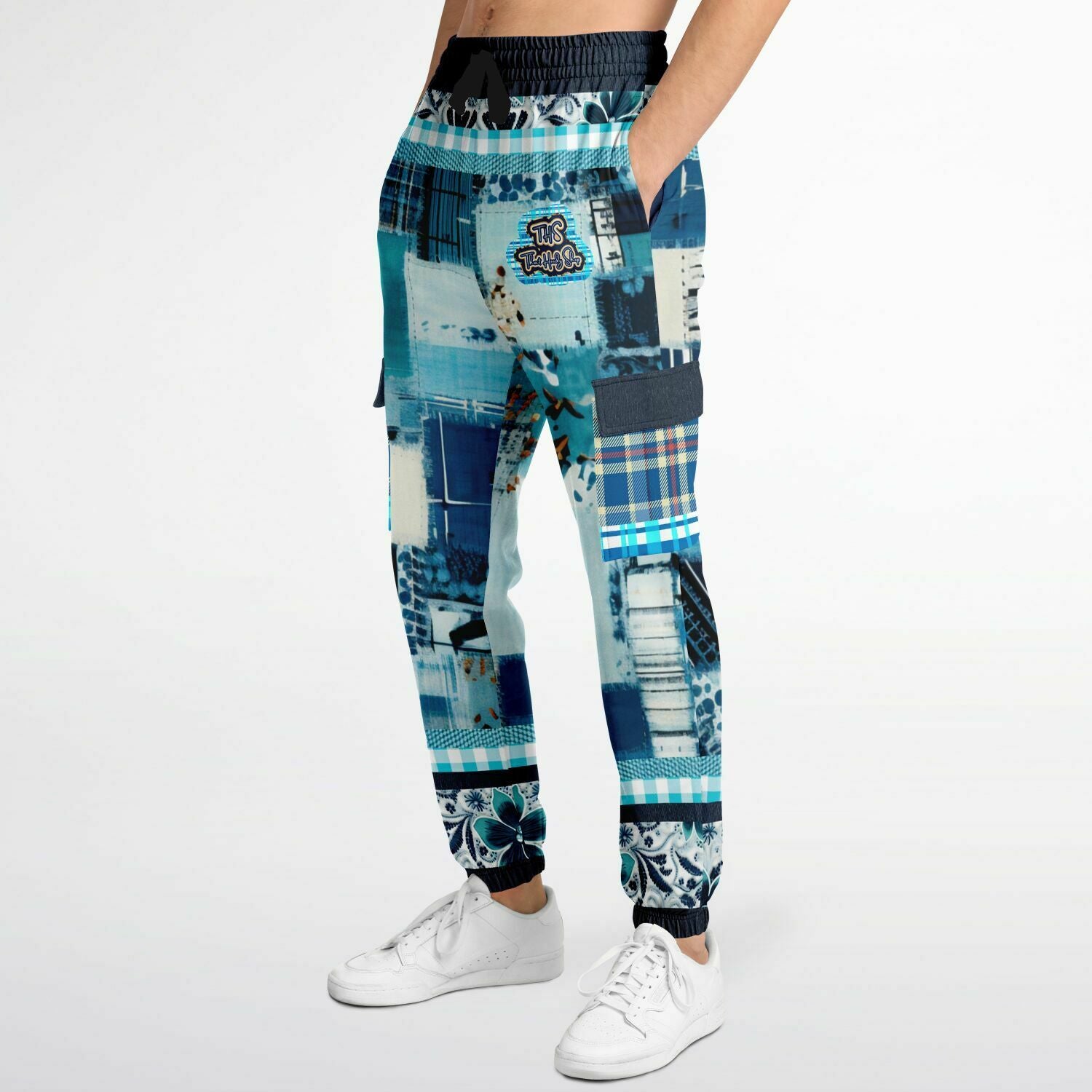 Blue Laxshmi Denim Plaid Patchwork Print Eco-Poly Unisex Cargo Joggers