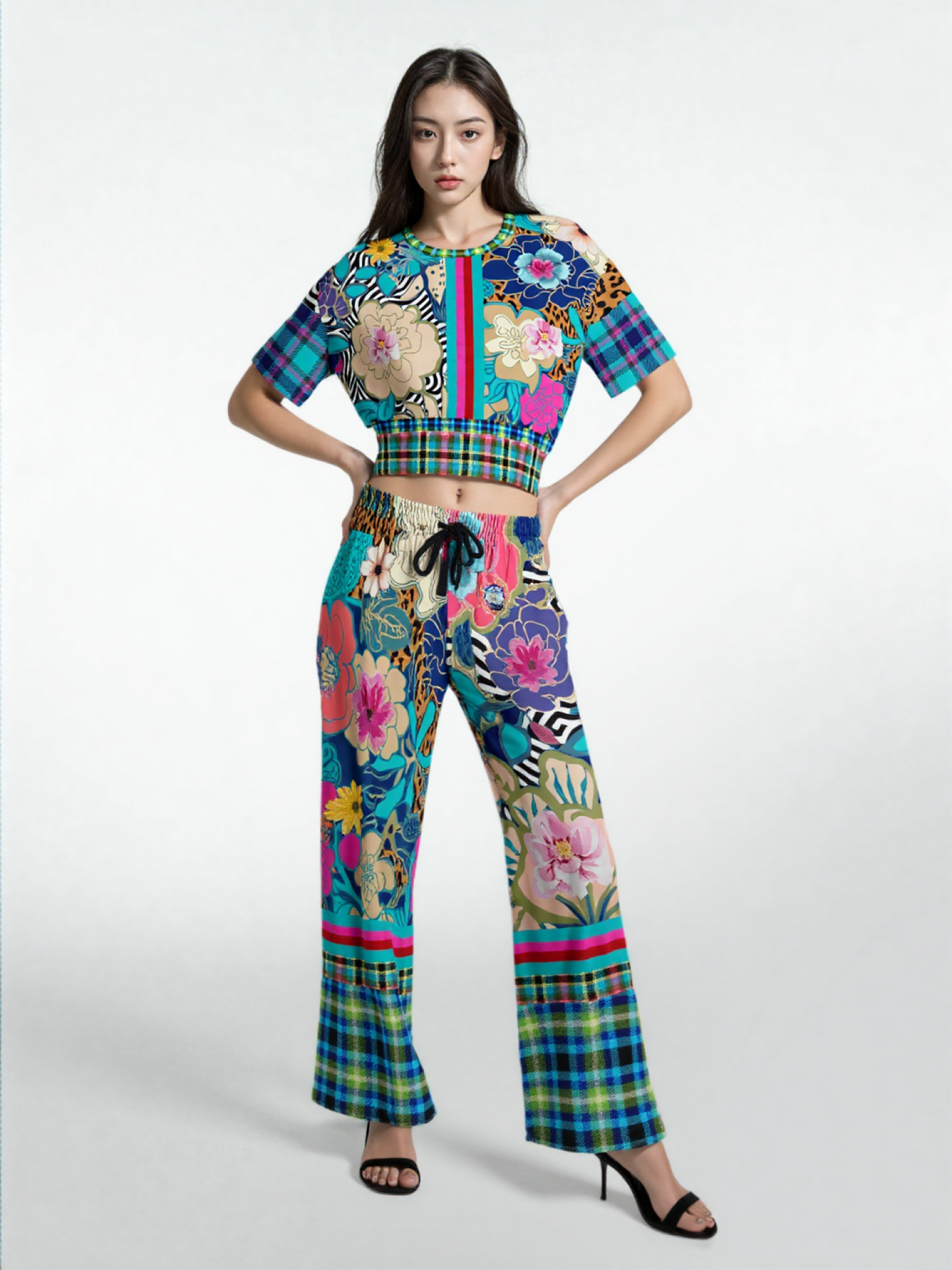 Blue Petunia Floral Stripe Eco-Poly Wide Leg Pants