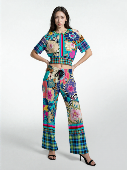 Blue Petunia Floral Stripe Eco-Poly Wide Leg Pants
