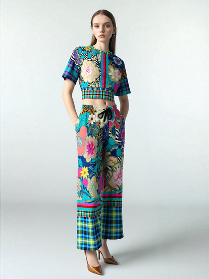 Blue Petunia Floral Stripe Eco-Poly Wide Leg Pants