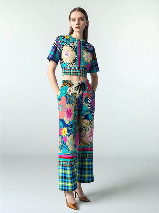 Blue Petunia Floral Stripe Eco-Poly Wide Leg Pants