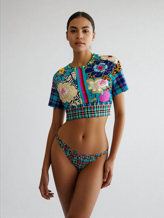 Blue Petunia Floral Stripe Eco-Poly Short Sleeve Cropped Pullover