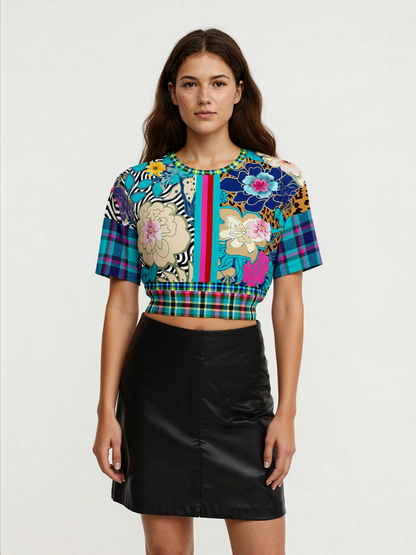 Blue Petunia Floral Stripe Eco-Poly Short Sleeve Cropped Pullover