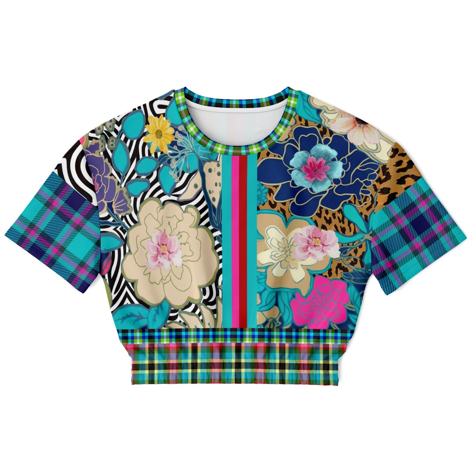 Blue Petunia Floral Stripe Eco-Poly Short Sleeve Cropped Pullover