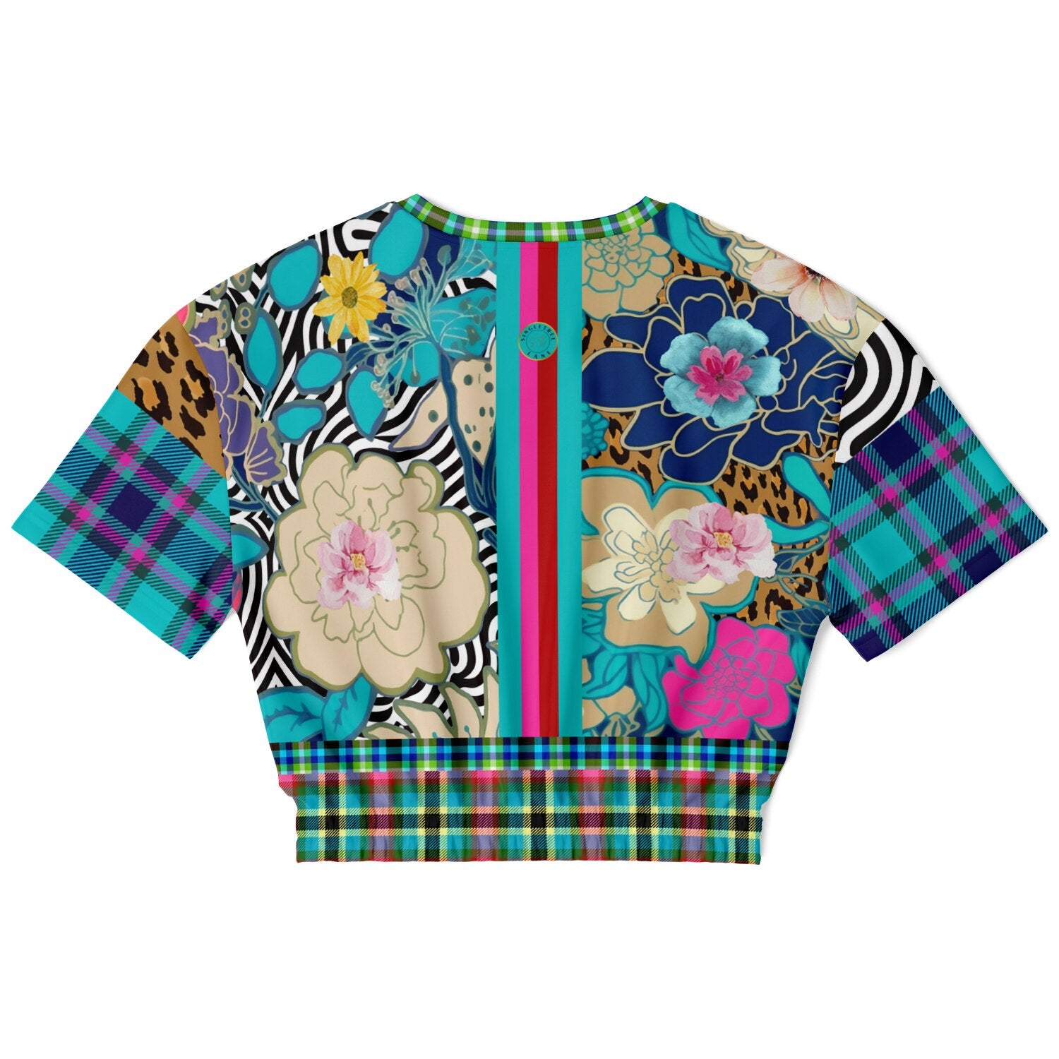 Blue Petunia Floral Stripe Eco-Poly Short Sleeve Cropped Pullover