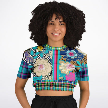 Blue Petunia Floral Stripe Eco-Poly Short Sleeve Cropped Pullover