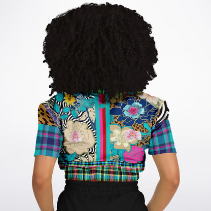 Blue Petunia Floral Stripe Eco-Poly Short Sleeve Cropped Pullover