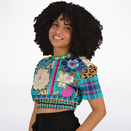 Blue Petunia Floral Stripe Eco-Poly Short Sleeve Cropped Pullover