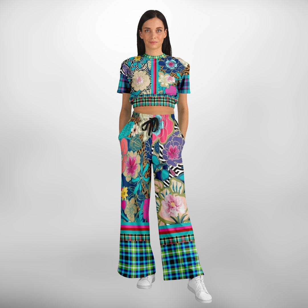 Blue Petunia Floral Stripe Eco-Poly Short Sleeve Cropped Pullover