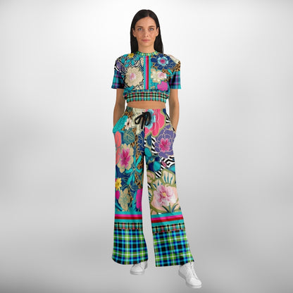 Blue Petunia Floral Stripe Eco-Poly Short Sleeve Cropped Pullover