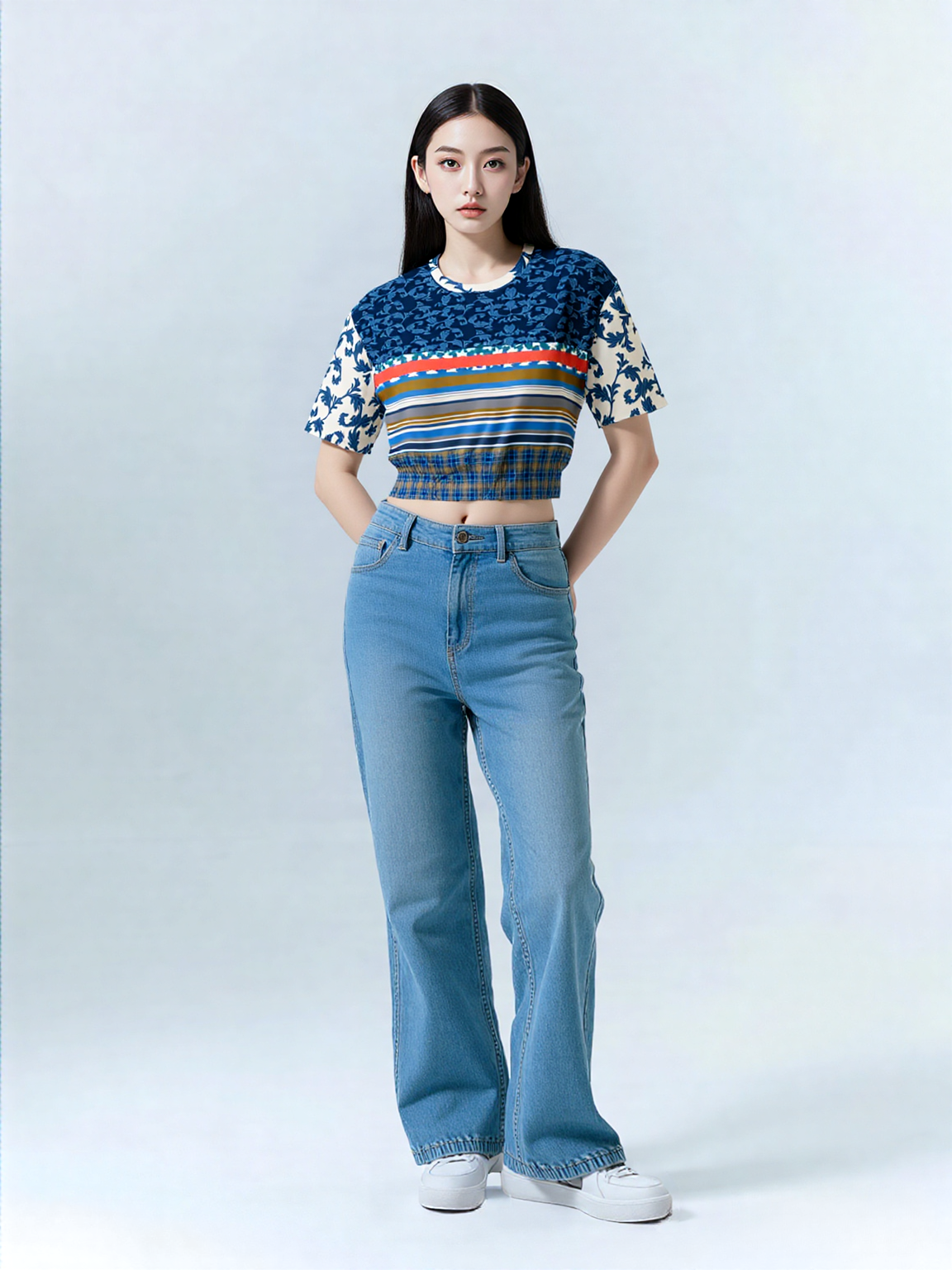 Blue Vine Over You Eco-Poly Short Sleeve Cropped Sweater