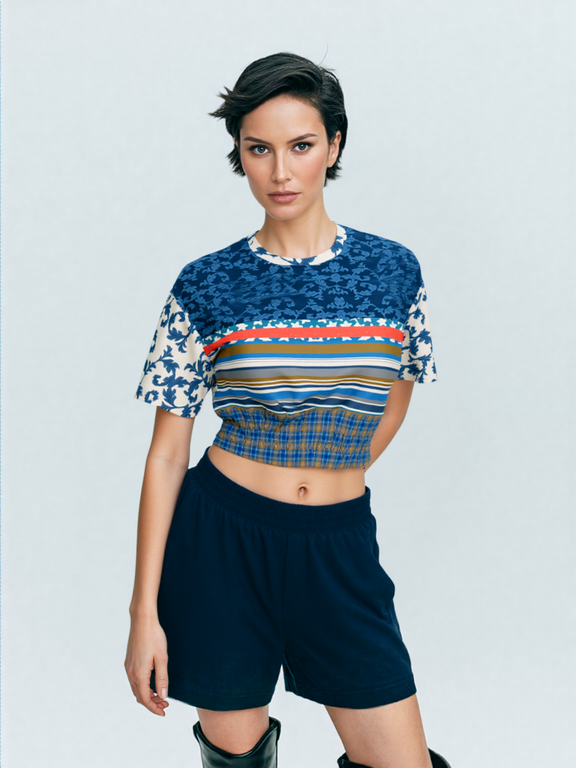 Blue Vine Over You Eco-Poly Short Sleeve Cropped Sweater