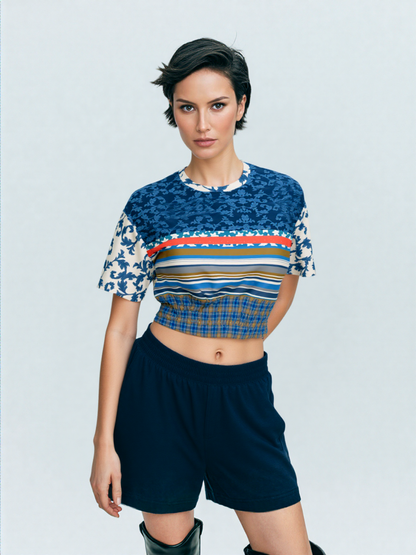 Blue Vine Over You Eco-Poly Short Sleeve Cropped Sweater