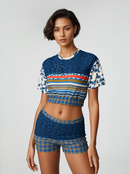 Blue Vine Over You Eco-Poly Short Sleeve Cropped Sweater