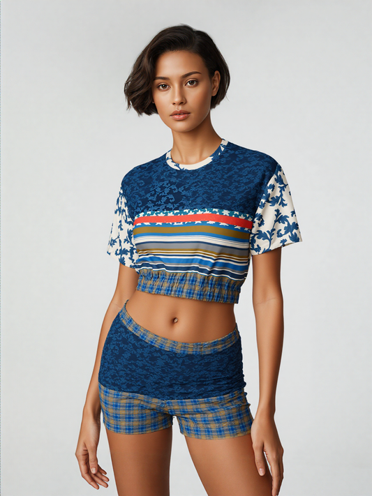 Blue Vine Over You Eco-Poly Short Sleeve Cropped Sweater