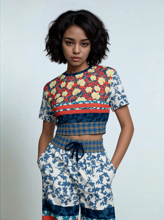 Blue Vine Over You Orange Floral Eco-Poly Short Sleeve Cropped Sweater