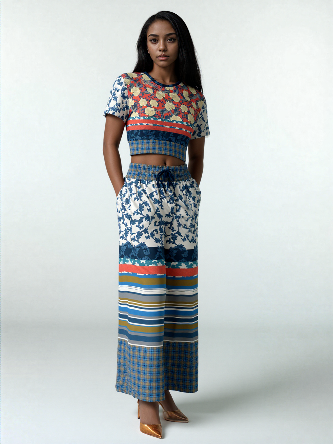 Blue Vine Over You Floral Stripe Eco-Poly Wide Leg Pants