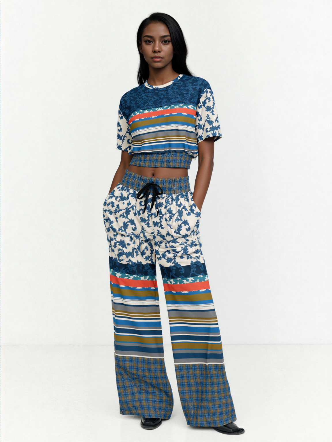 Blue Vine Over You Eco-Poly Short Sleeve Cropped Sweater