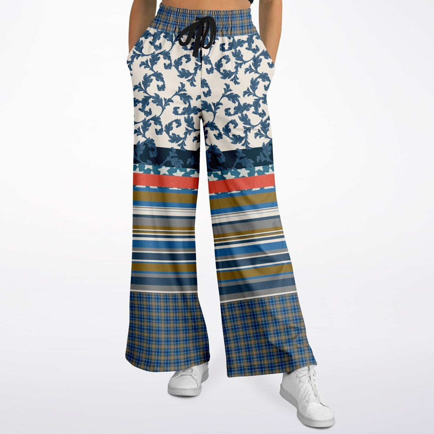 Blue Vine Over You Floral Stripe Eco-Poly Wide Leg Pants