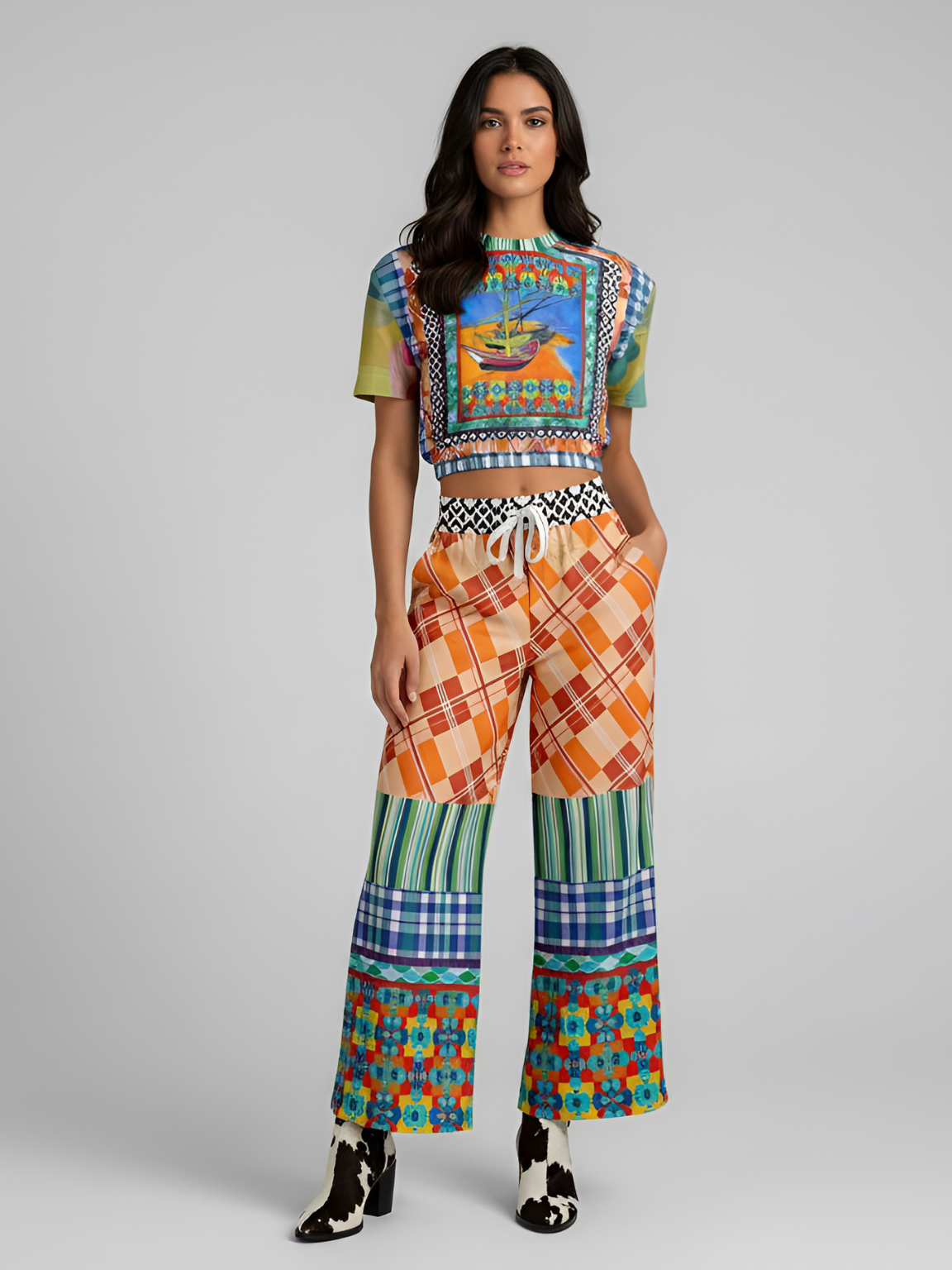 Boats of the Saint Marys Patchwork Eco-Poly Short Sleeve Cropped Pullover