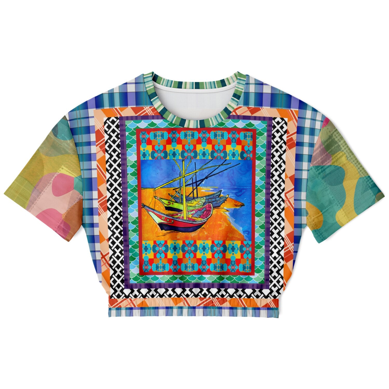 Boats of the Saint Marys Patchwork Eco-Poly Short Sleeve Cropped Pullover