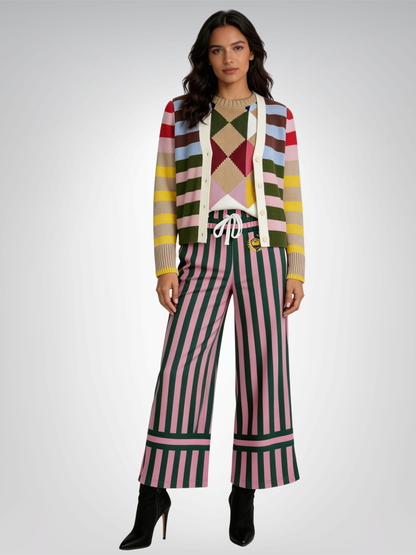 Stripes in Kash Green and Pink Eco-Poly Wide Leg Pants