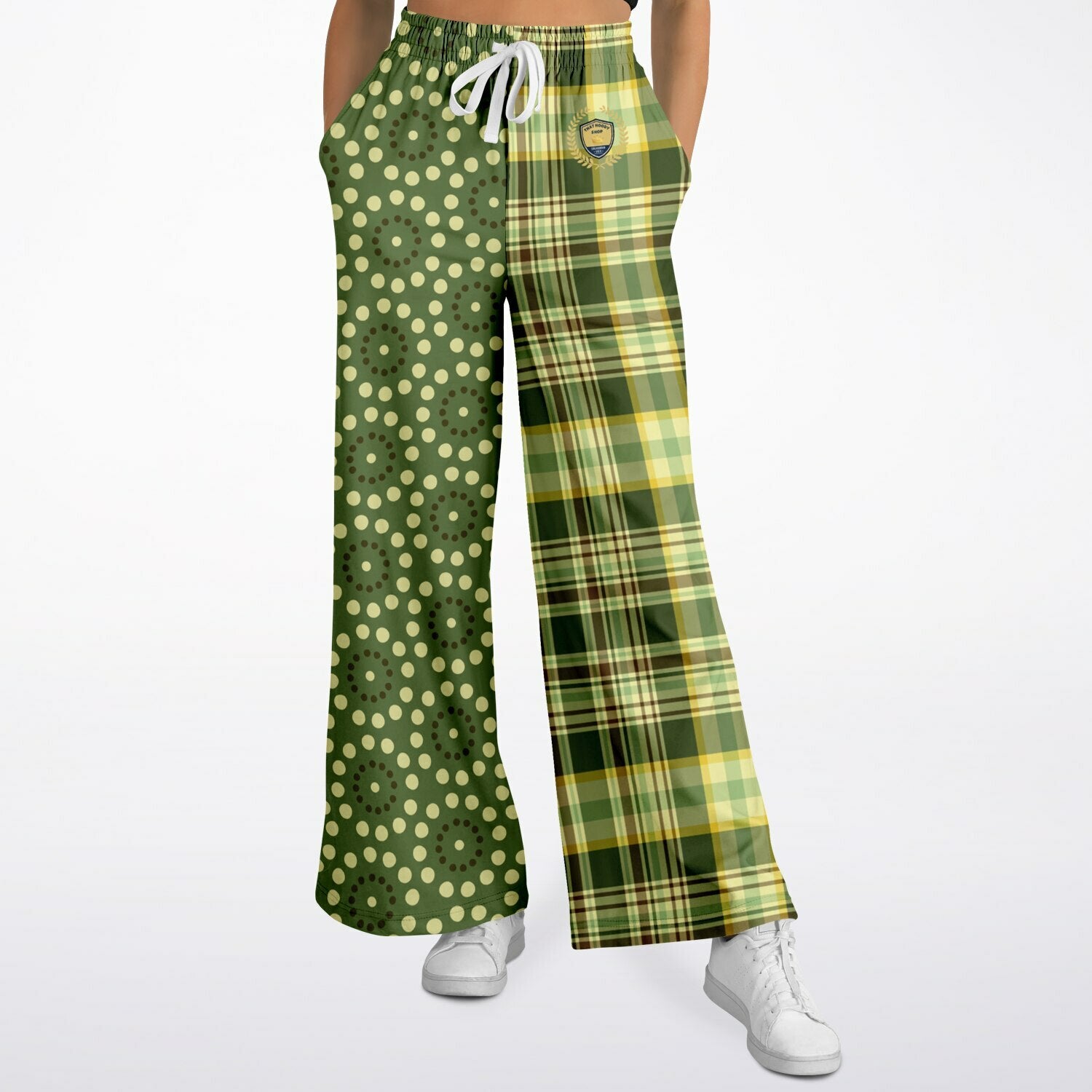 Brook with Aloes in Green Circles and Plaid Eco-Poly Wide Leg Pants