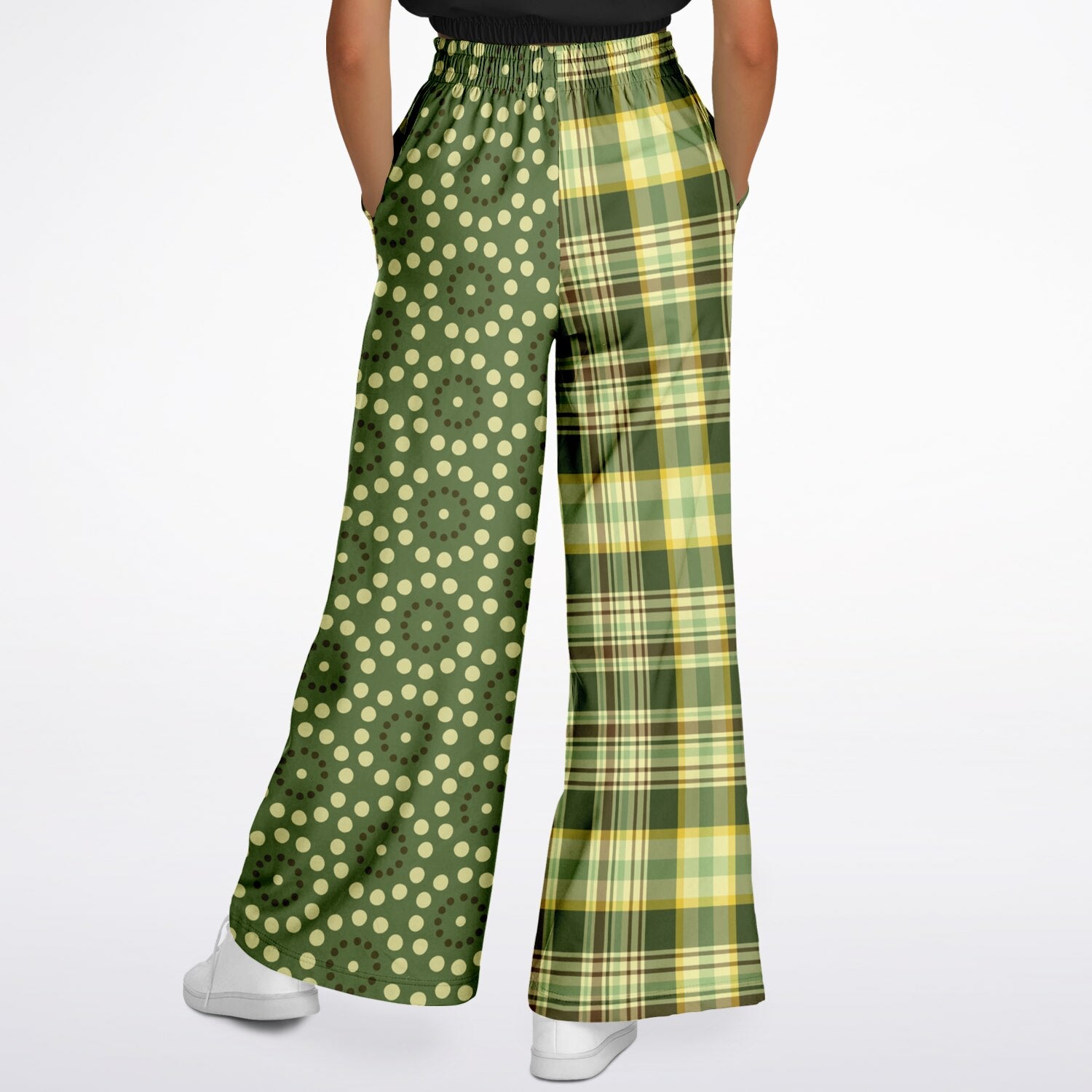 Brook with Aloes in Green Circles and Plaid Eco-Poly Wide Leg Pants