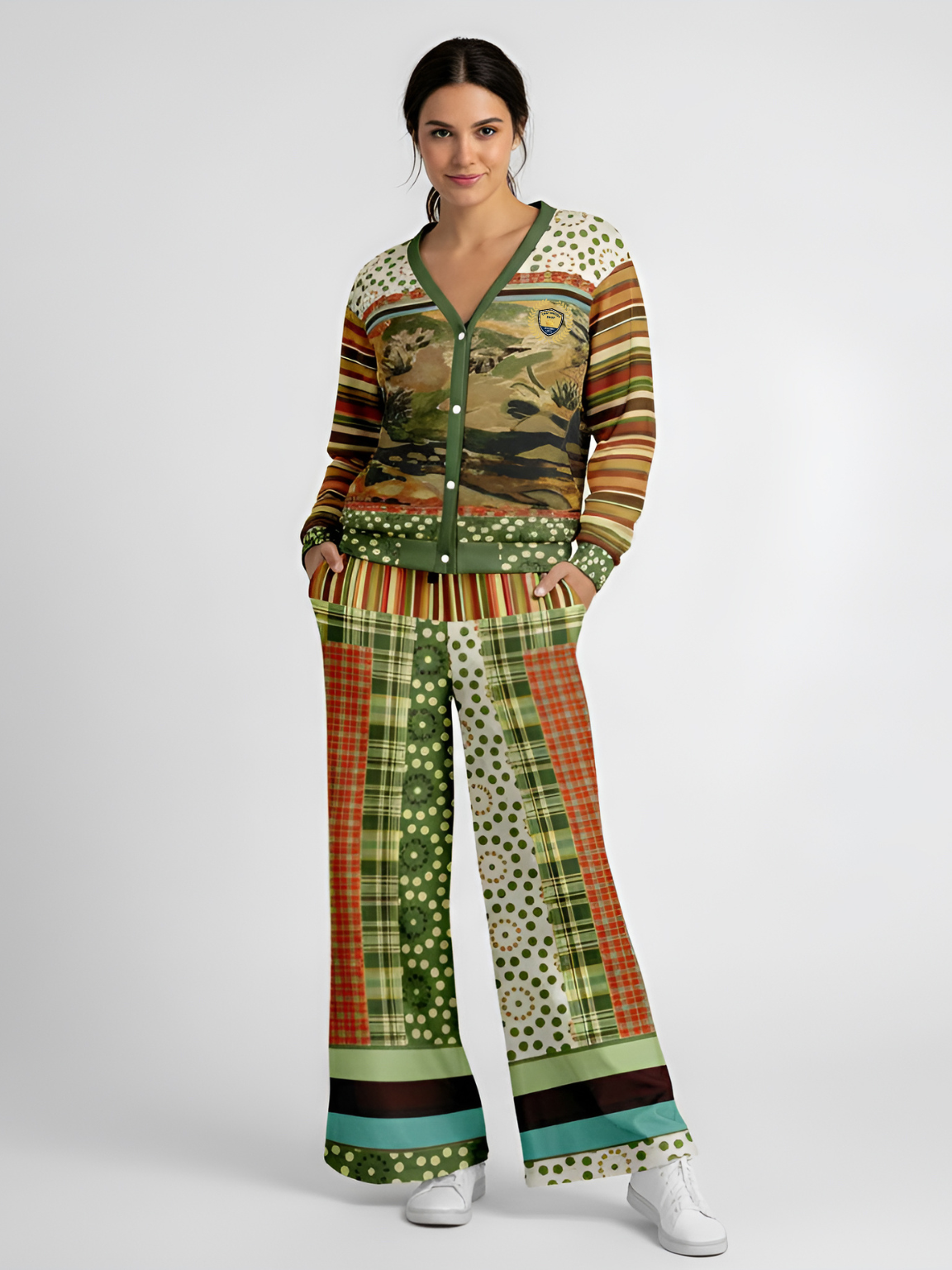 Brook with Aloes in Patchwork Eco-Poly Wide Leg Pants