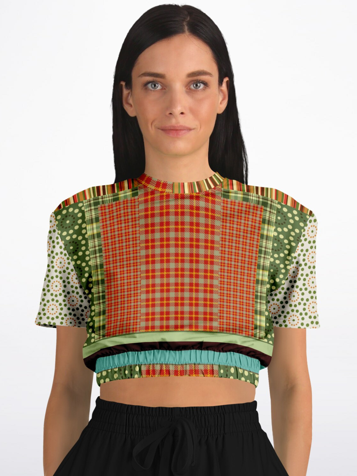 Brook with Aloes in Patchwork Eco-Poly Short Sleeve Cropped Pullover