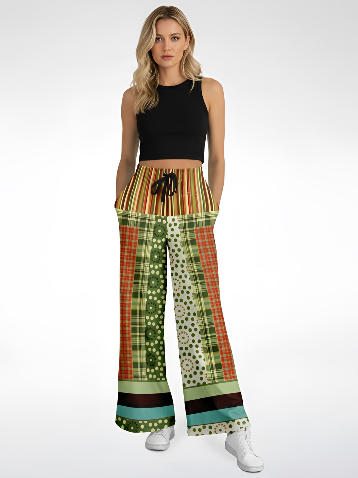 Brook with Aloes in Patchwork Eco-Poly Wide Leg Pants