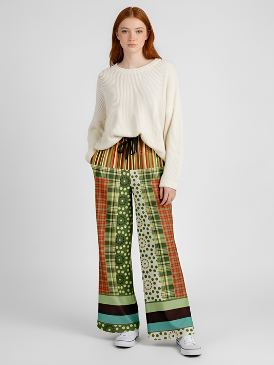 Brook with Aloes in Patchwork Eco-Poly Wide Leg Pants
