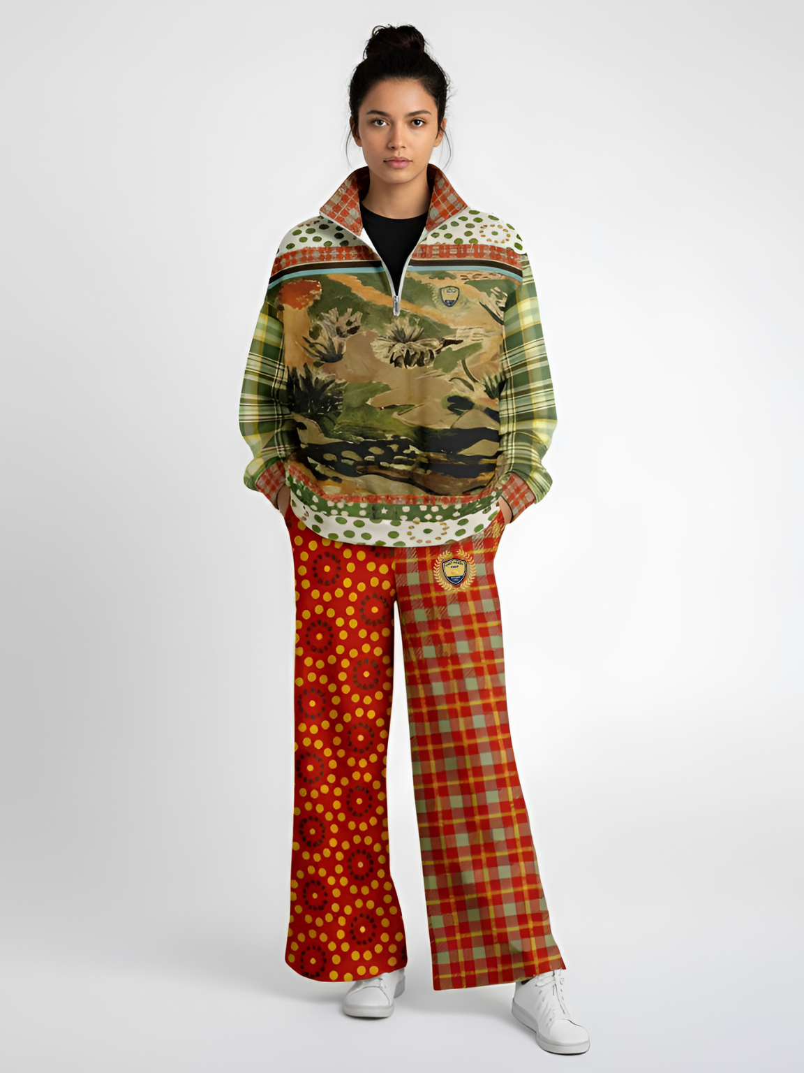 Brook with Aloes in Red Circles and Plaid Eco-Poly Wide Leg Pants