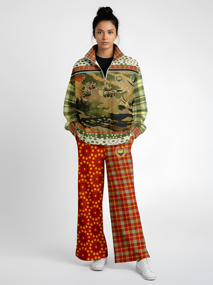 Brook with Aloes in Red Circles and Plaid Eco-Poly Wide Leg Pants